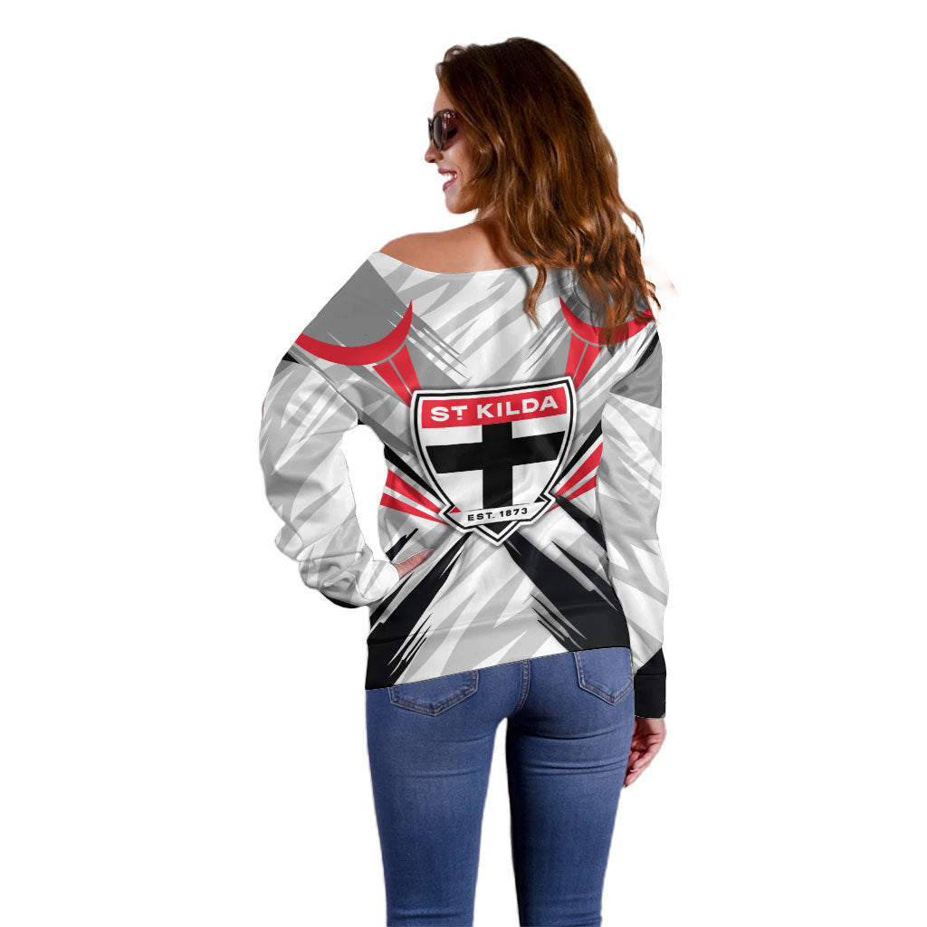 St Kilda Saints Australian Football Off Shoulder Sweater Superhero Mascot Graphic - Bold Team Colors