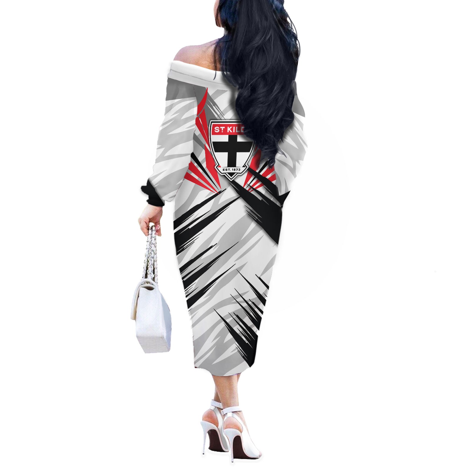 St Kilda Saints Australian Football Off The Shoulder Long Sleeve Dress Superhero Mascot Graphic - Bold Team Colors