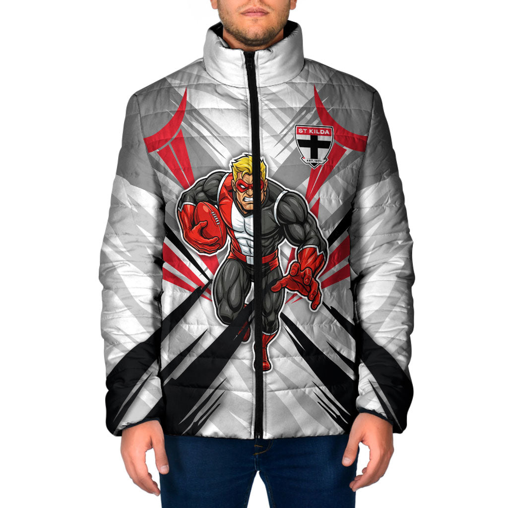 St Kilda Saints Australian Football Padded Jacket Superhero Mascot Graphic - Bold Team Colors