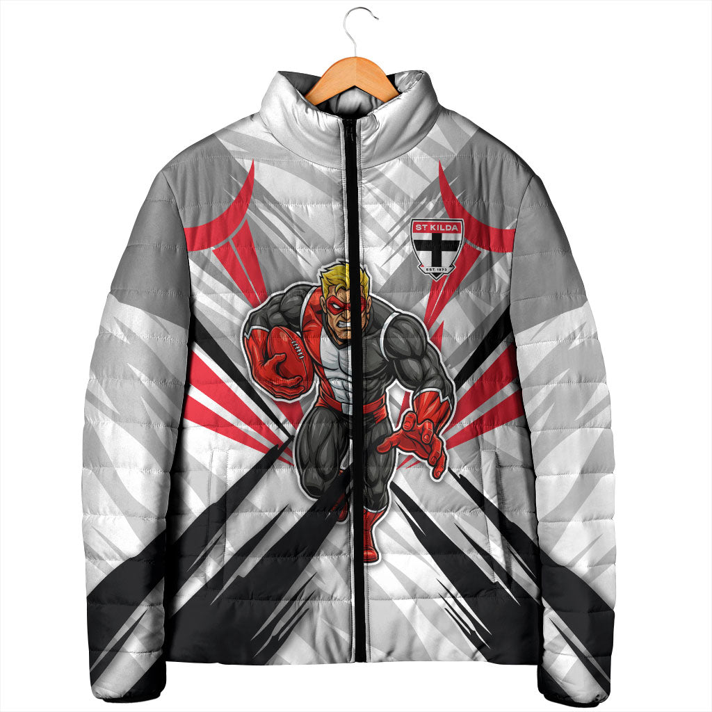 St Kilda Saints Australian Football Padded Jacket Superhero Mascot Graphic - Bold Team Colors