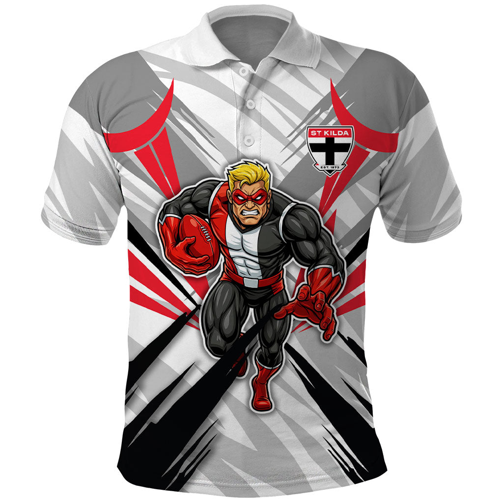 St Kilda Saints Australian Football Polo Shirt Superhero Mascot Graphic - Bold Team Colors