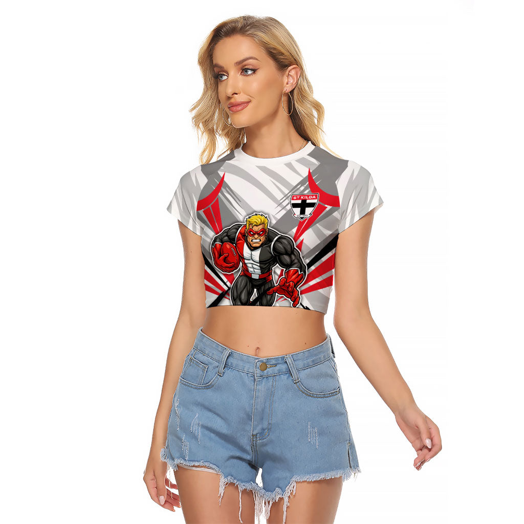 St Kilda Saints Australian Football Raglan Cropped T Shirt Superhero Mascot Graphic - Bold Team Colors