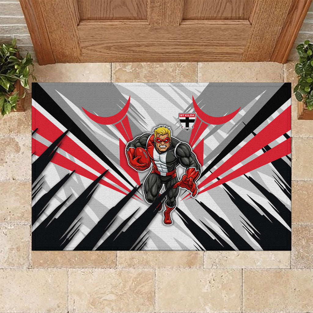 St Kilda Saints Australian Football Rubber Doormat Superhero Mascot Graphic - Bold Team Colors