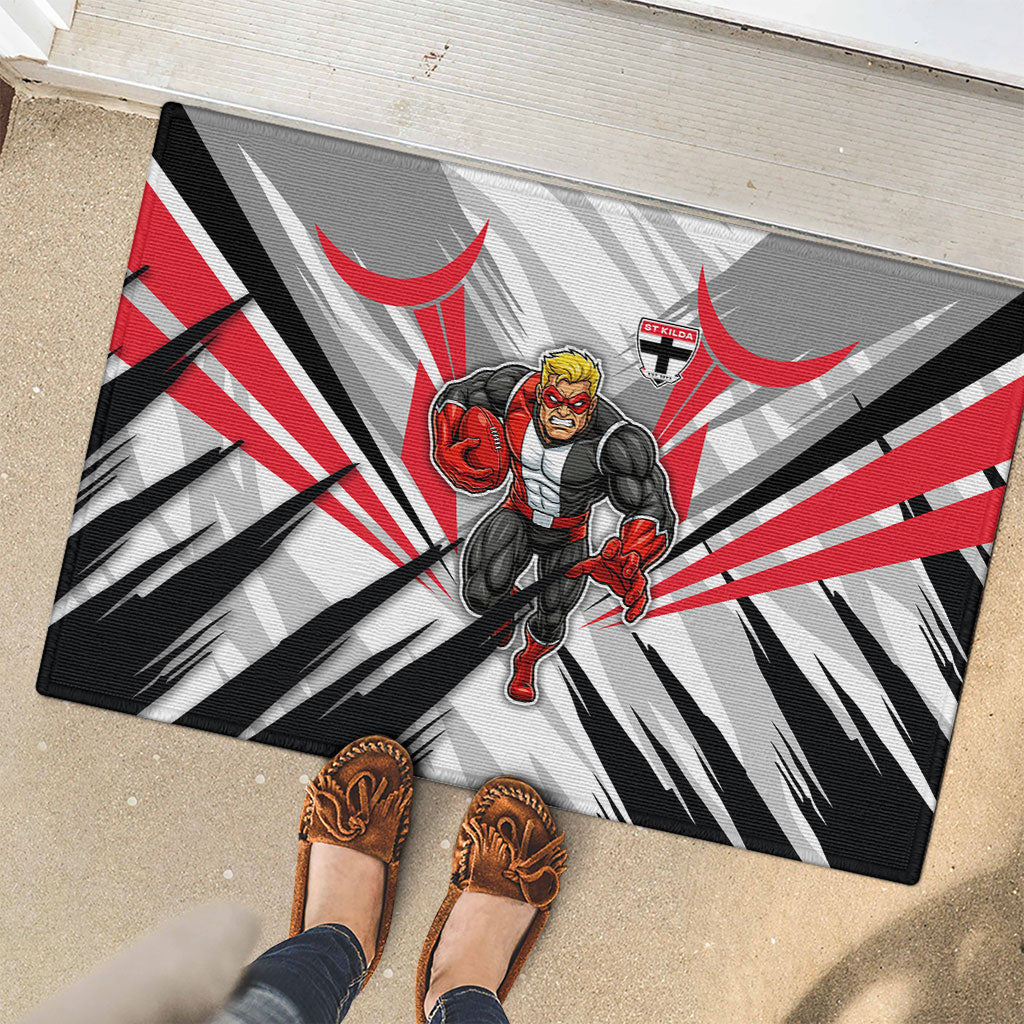 St Kilda Saints Australian Football Rubber Doormat Superhero Mascot Graphic - Bold Team Colors
