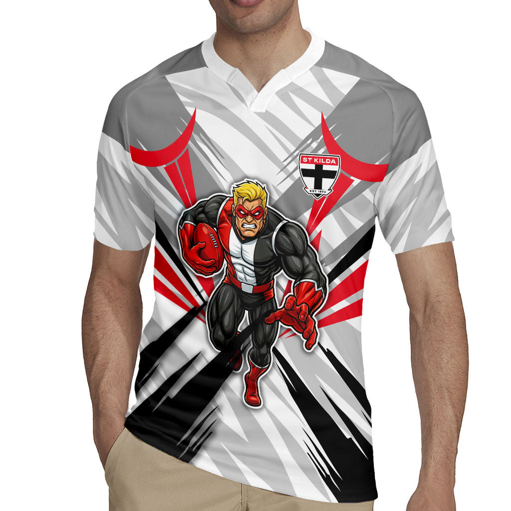 St Kilda Saints Australian Football Rugby Jersey Superhero Mascot Graphic - Bold Team Colors