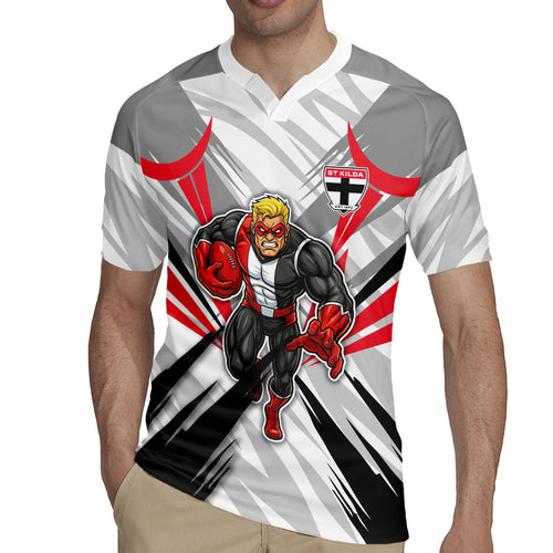 St Kilda Saints Australian Football Rugby Jersey Superhero Mascot Graphic - Bold Team Colors