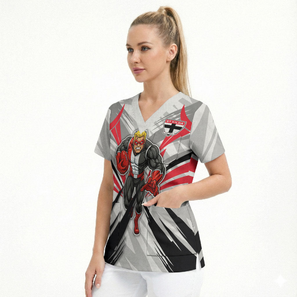 St Kilda Saints Australian Football Scrub Top Superhero Mascot Graphic - Bold Team Colors