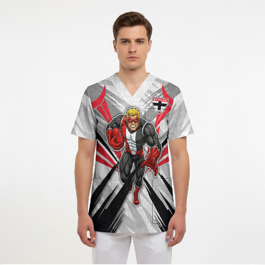 St Kilda Saints Australian Football Scrub Top Superhero Mascot Graphic - Bold Team Colors