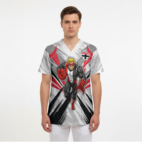 St Kilda Saints Australian Football Scrub Top Superhero Mascot Graphic - Bold Team Colors