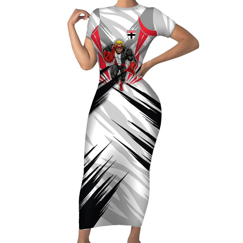 St Kilda Saints Australian Football Short Sleeve Bodycon Dress Superhero Mascot Graphic - Bold Team Colors