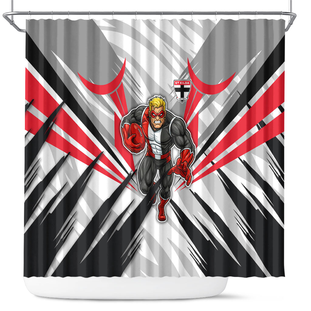 St Kilda Saints Australian Football Shower Curtain Superhero Mascot Graphic - Bold Team Colors