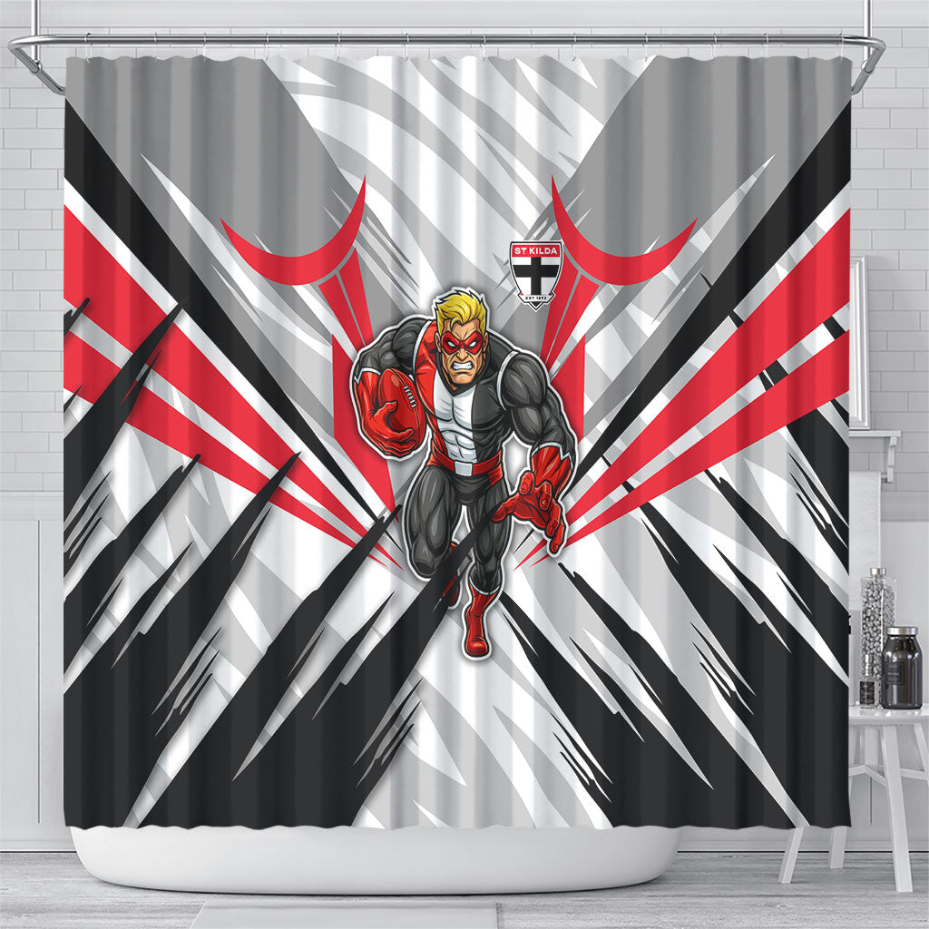 St Kilda Saints Australian Football Shower Curtain Superhero Mascot Graphic - Bold Team Colors