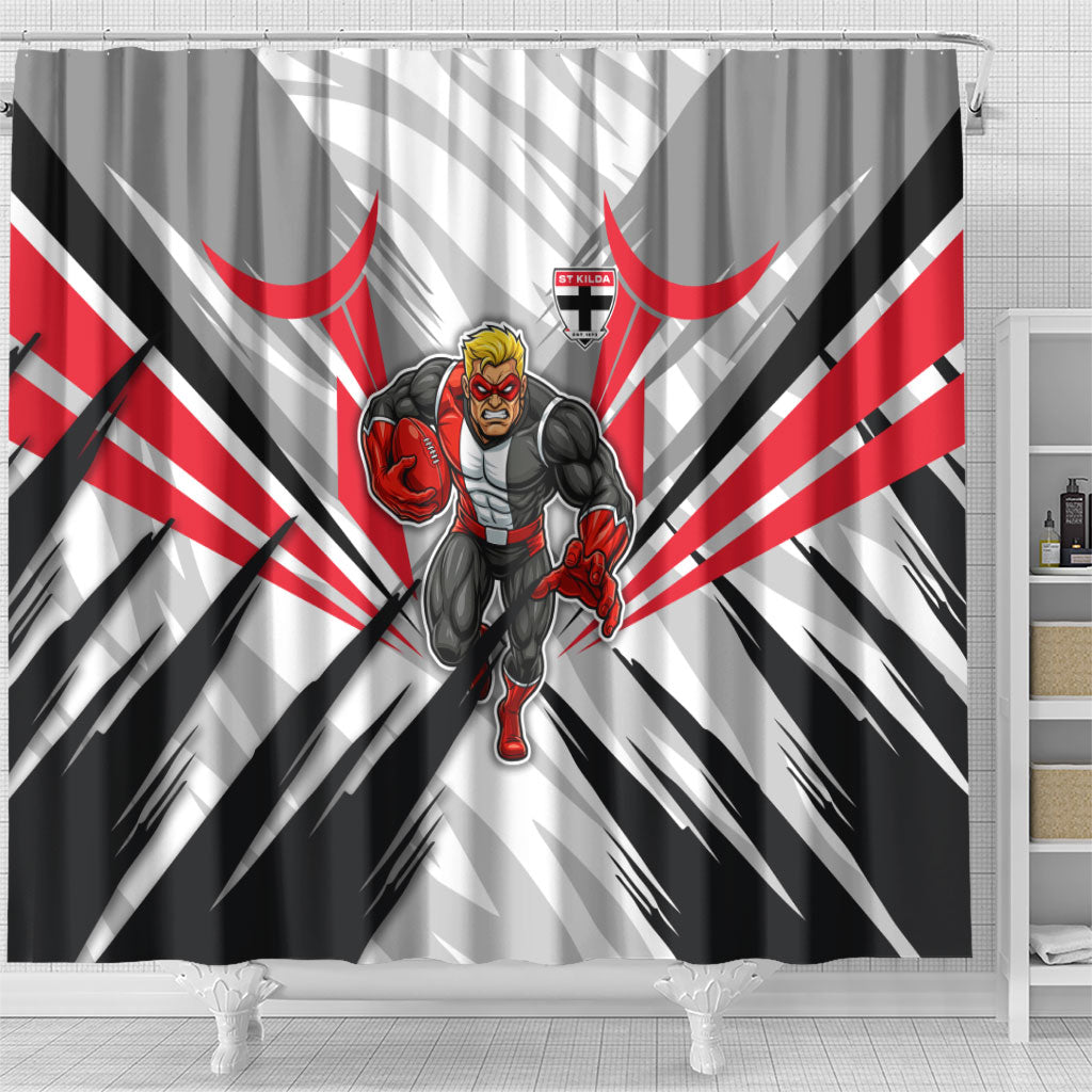 St Kilda Saints Australian Football Shower Curtain Superhero Mascot Graphic - Bold Team Colors