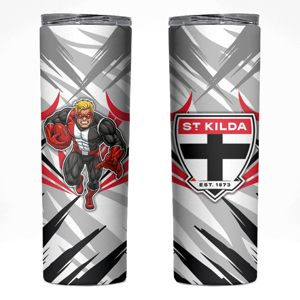 St Kilda Saints Australian Football Skinny Tumbler Superhero Mascot Graphic - Bold Team Colors