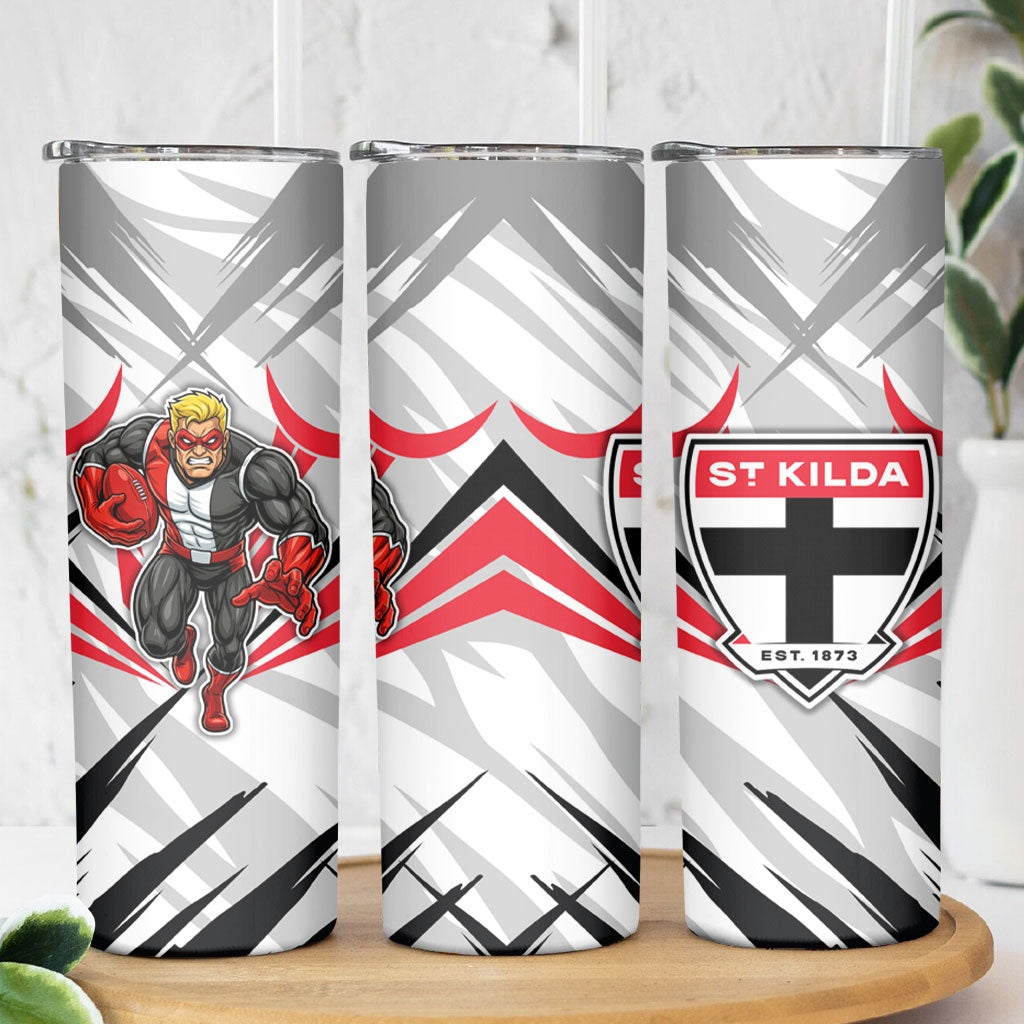 St Kilda Saints Australian Football Skinny Tumbler Superhero Mascot Graphic - Bold Team Colors
