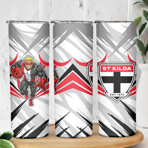 St Kilda Saints Australian Football Skinny Tumbler Superhero Mascot Graphic - Bold Team Colors