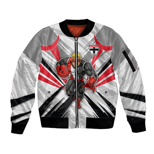 St Kilda Saints Australian Football Sleeve Zip Bomber Jacket Superhero Mascot Graphic - Bold Team Colors