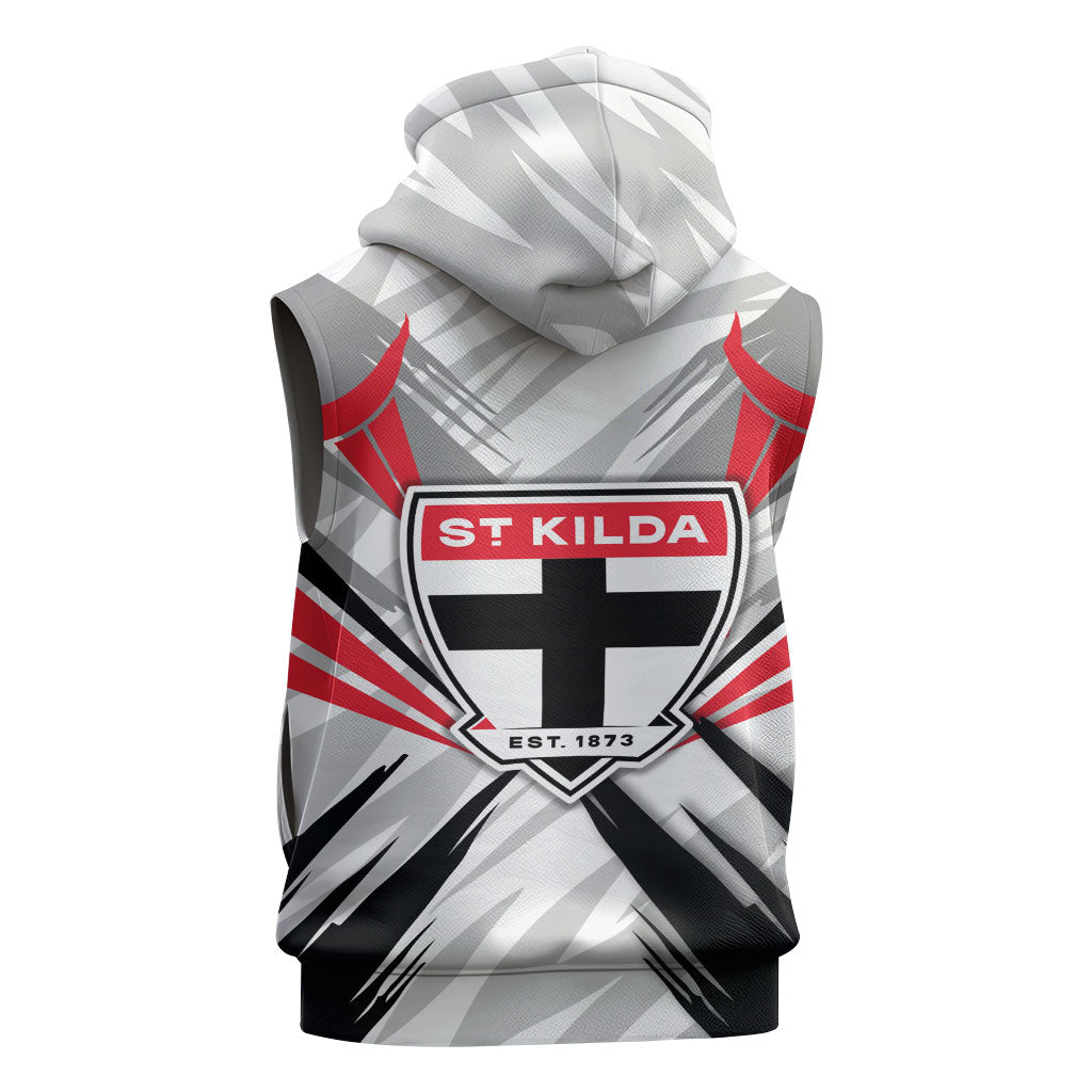 St Kilda Saints Australian Football Sleeveless Hoodie Superhero Mascot Graphic - Bold Team Colors