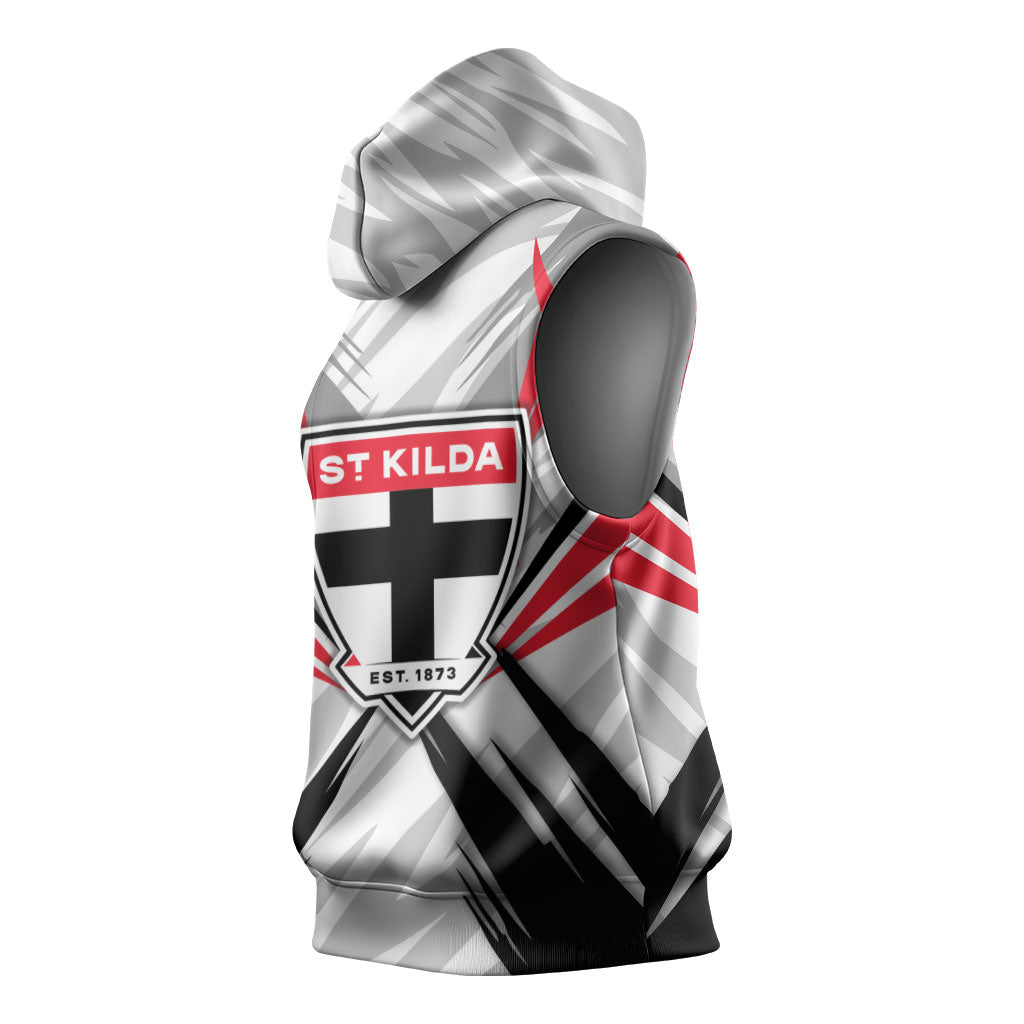 St Kilda Saints Australian Football Sleeveless Hoodie Superhero Mascot Graphic - Bold Team Colors