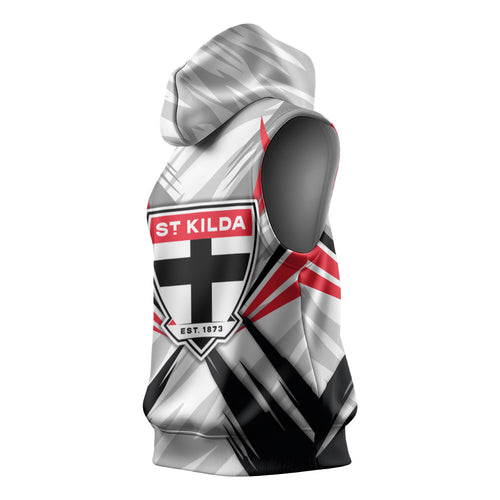 St Kilda Saints Australian Football Sleeveless Hoodie Superhero Mascot Graphic - Bold Team Colors