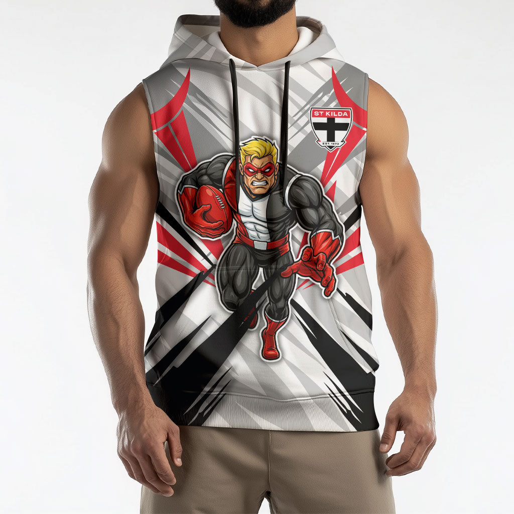 St Kilda Saints Australian Football Sleeveless Hoodie Superhero Mascot Graphic - Bold Team Colors