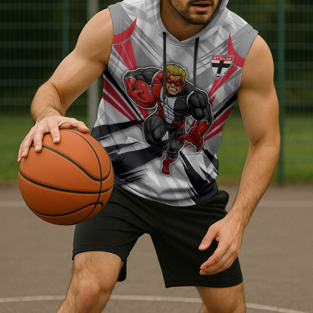 St Kilda Saints Australian Football Sleeveless Hoodie Superhero Mascot Graphic - Bold Team Colors