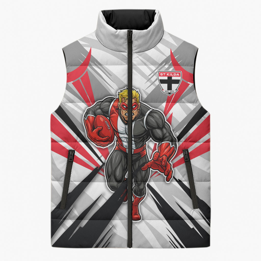 St Kilda Saints Australian Football Sleeveless Puffer Jacket Superhero Mascot Graphic - Bold Team Colors