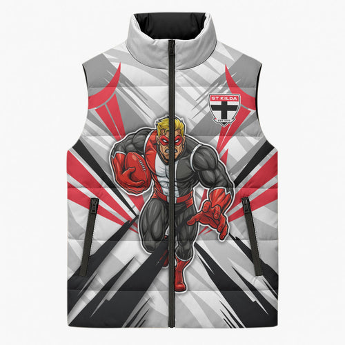 St Kilda Saints Australian Football Sleeveless Puffer Jacket Superhero Mascot Graphic - Bold Team Colors
