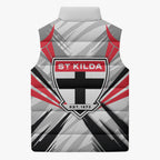 St Kilda Saints Australian Football Sleeveless Puffer Jacket Superhero Mascot Graphic - Bold Team Colors