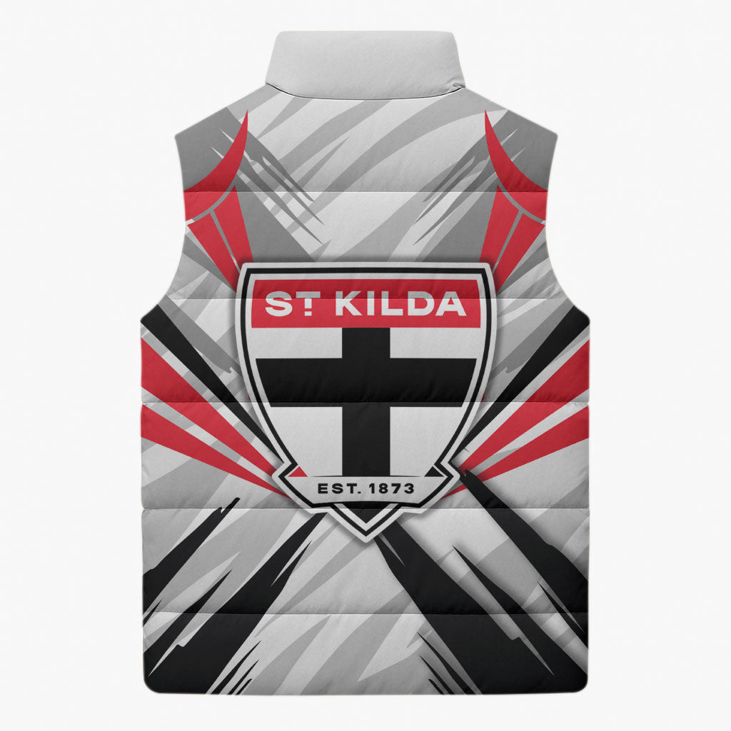 St Kilda Saints Australian Football Sleeveless Puffer Jacket Superhero Mascot Graphic - Bold Team Colors