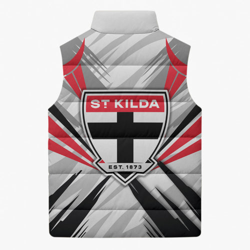 St Kilda Saints Australian Football Sleeveless Puffer Jacket Superhero Mascot Graphic - Bold Team Colors