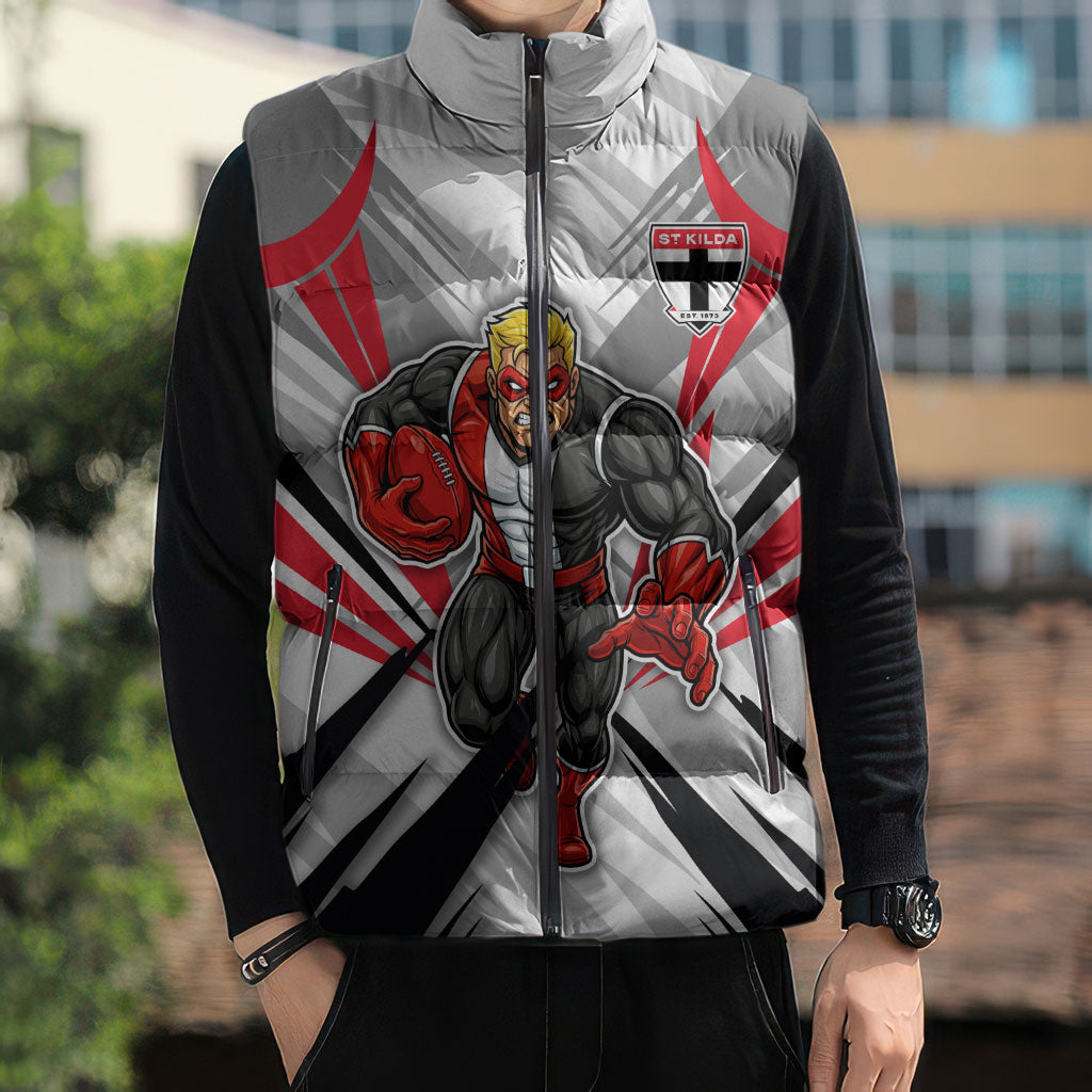 St Kilda Saints Australian Football Sleeveless Puffer Jacket Superhero Mascot Graphic - Bold Team Colors