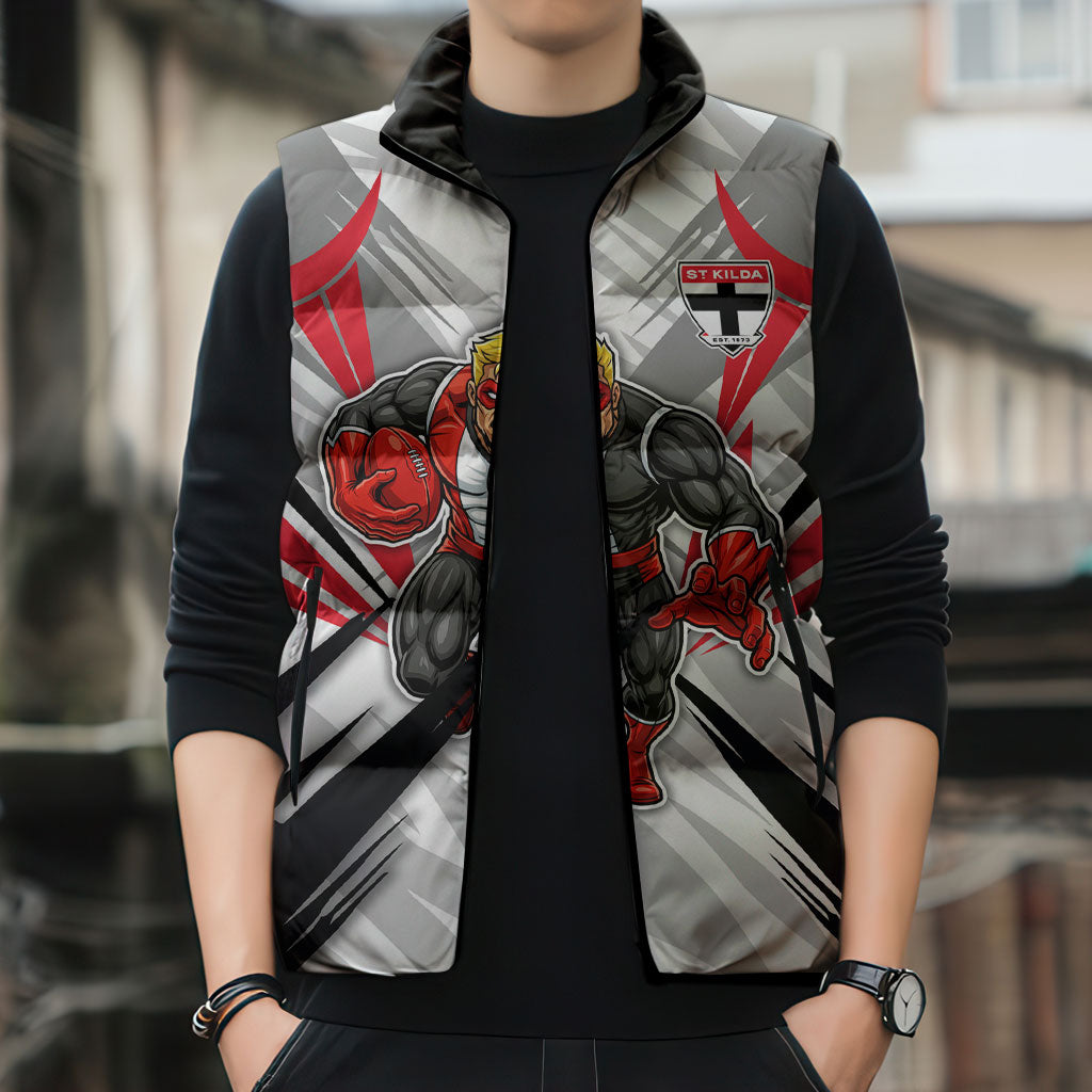 St Kilda Saints Australian Football Sleeveless Puffer Jacket Superhero Mascot Graphic - Bold Team Colors