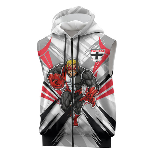 St Kilda Saints Australian Football Sleeveless Zip Hoodie Superhero Mascot Graphic - Bold Team Colors