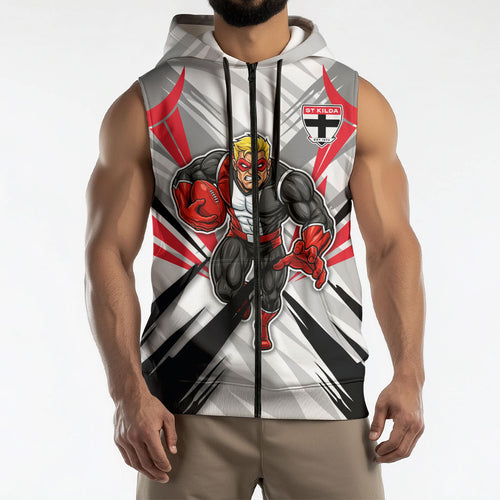 St Kilda Saints Australian Football Sleeveless Zip Hoodie Superhero Mascot Graphic - Bold Team Colors
