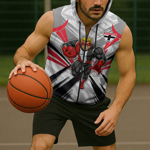 St Kilda Saints Australian Football Sleeveless Zip Hoodie Superhero Mascot Graphic - Bold Team Colors