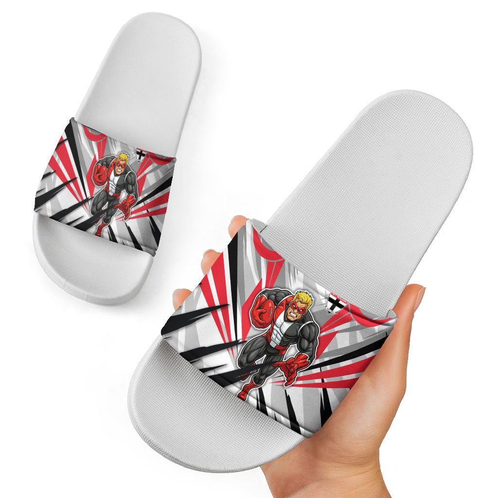 St Kilda Saints Australian Football Slide Sandals Superhero Mascot Graphic - Bold Team Colors