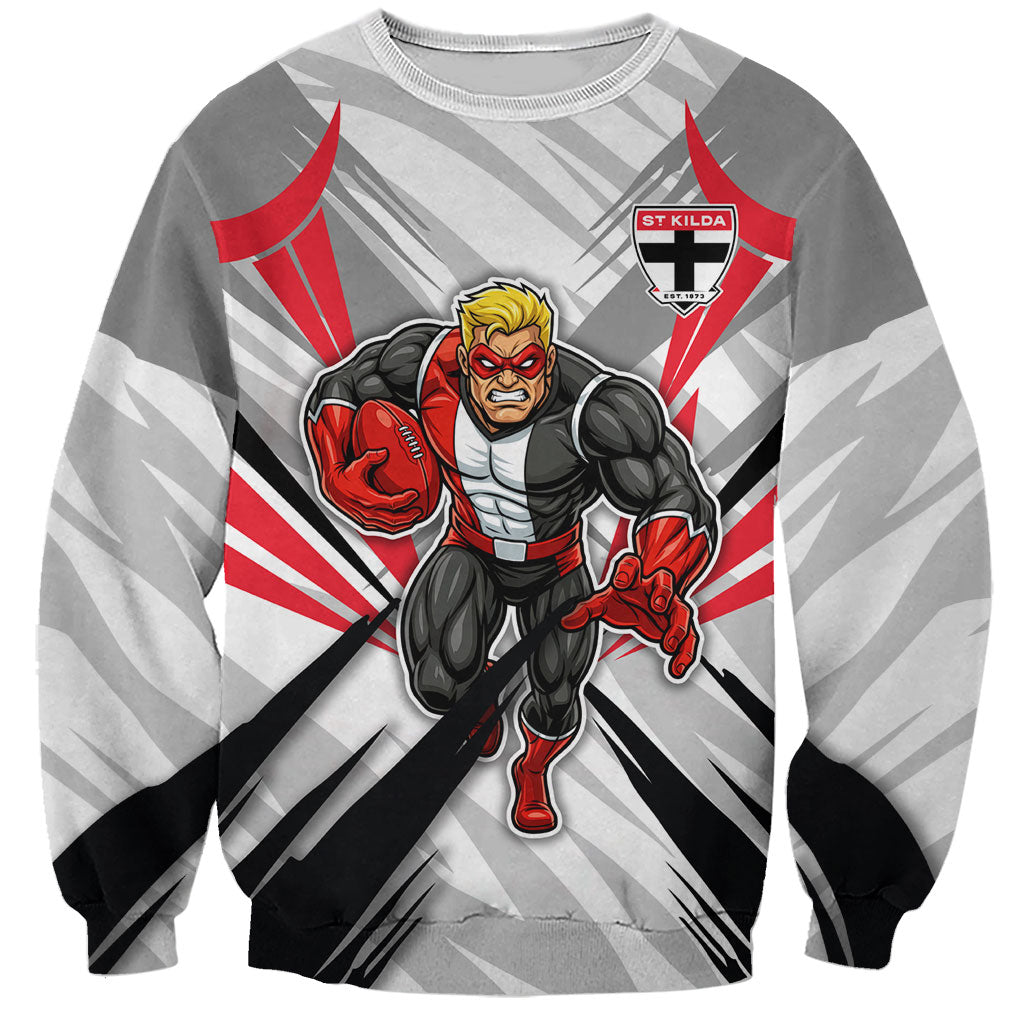 St Kilda Saints Australian Football Sweatshirt Superhero Mascot Graphic - Bold Team Colors