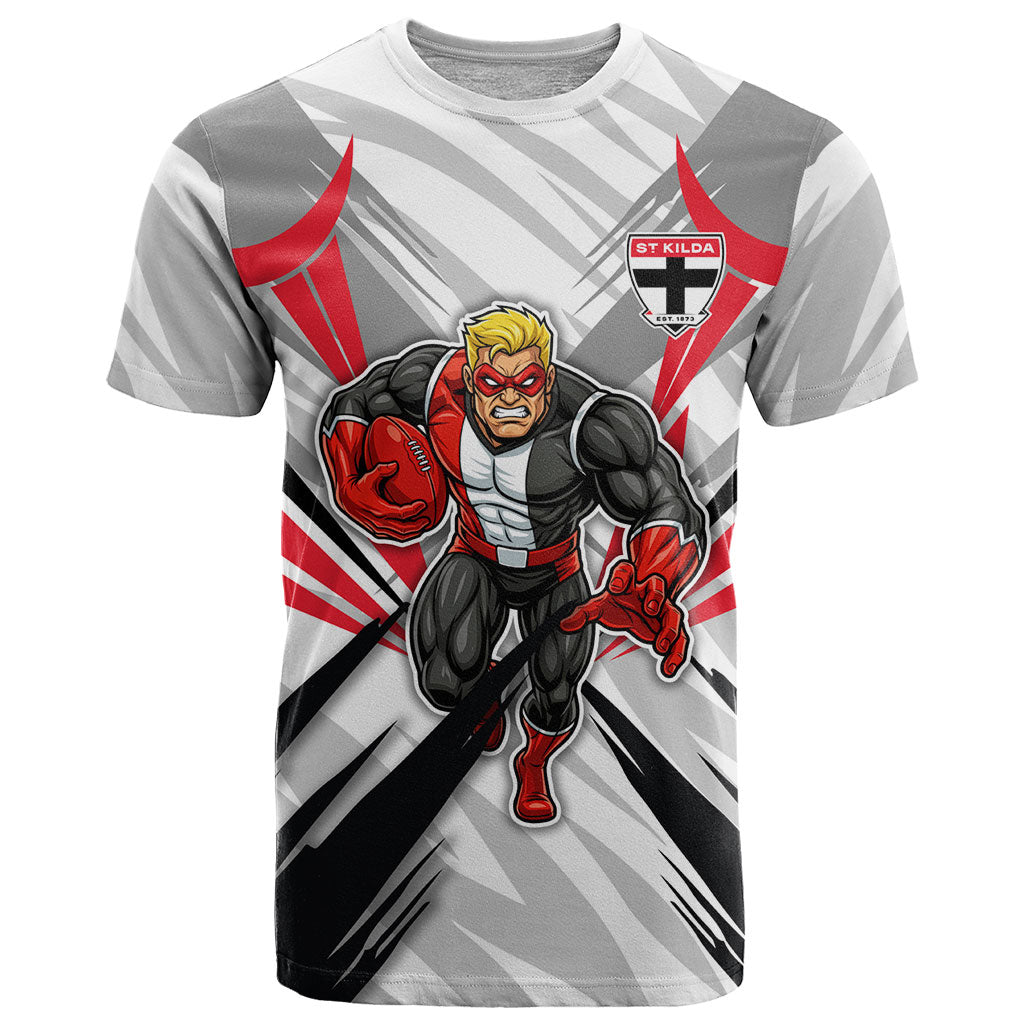 St Kilda Saints Australian Football T Shirt Superhero Mascot Graphic - Bold Team Colors