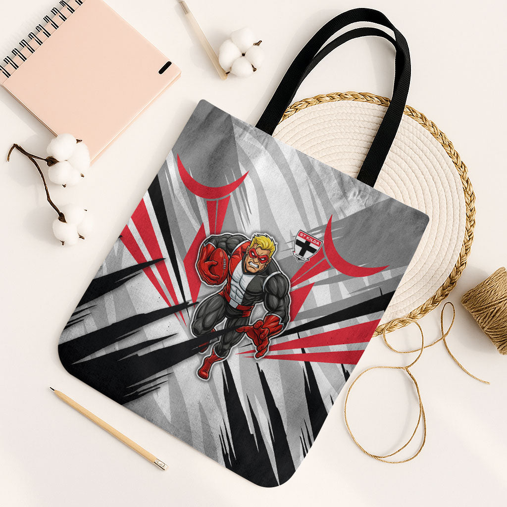 St Kilda Saints Australian Football Tote Bag Superhero Mascot Graphic - Bold Team Colors