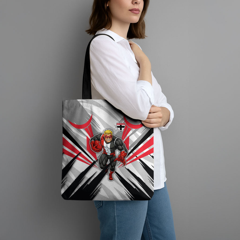 St Kilda Saints Australian Football Tote Bag Superhero Mascot Graphic - Bold Team Colors