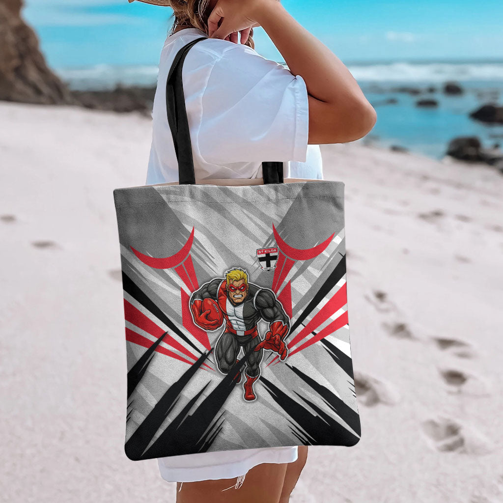 St Kilda Saints Australian Football Tote Bag Superhero Mascot Graphic - Bold Team Colors