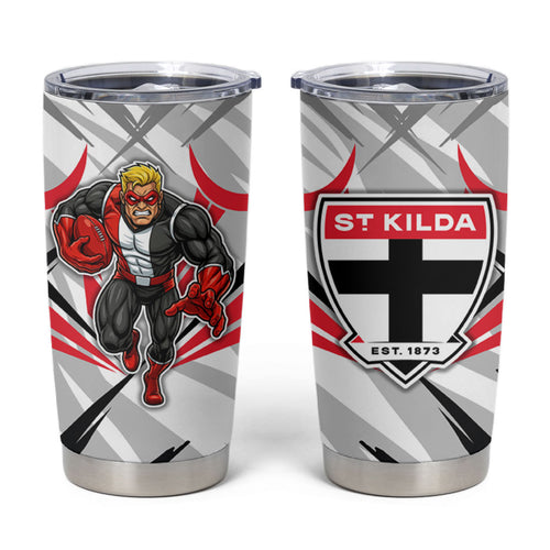 St Kilda Saints Australian Football Tumbler Cup Superhero Mascot Graphic - Bold Team Colors