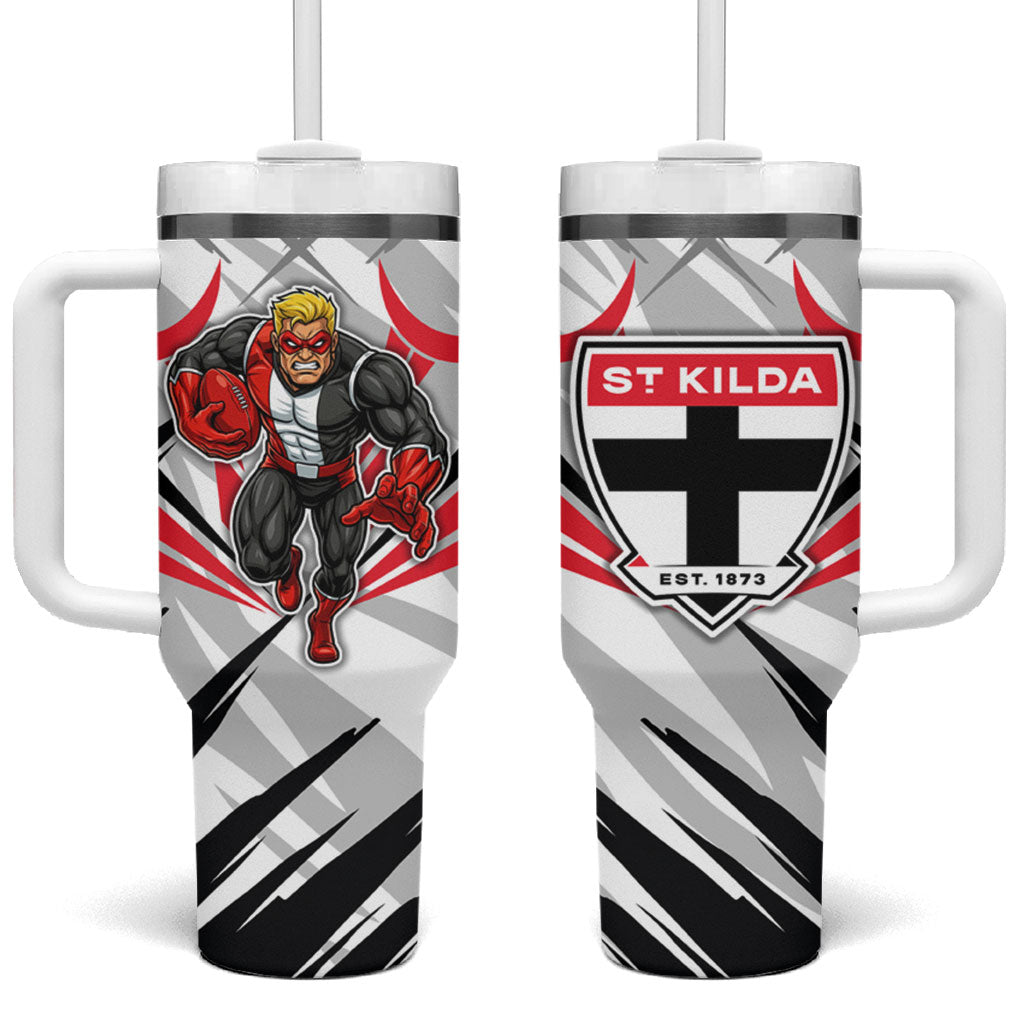 St Kilda Saints Australian Football Tumbler With Handle Superhero Mascot Graphic - Bold Team Colors