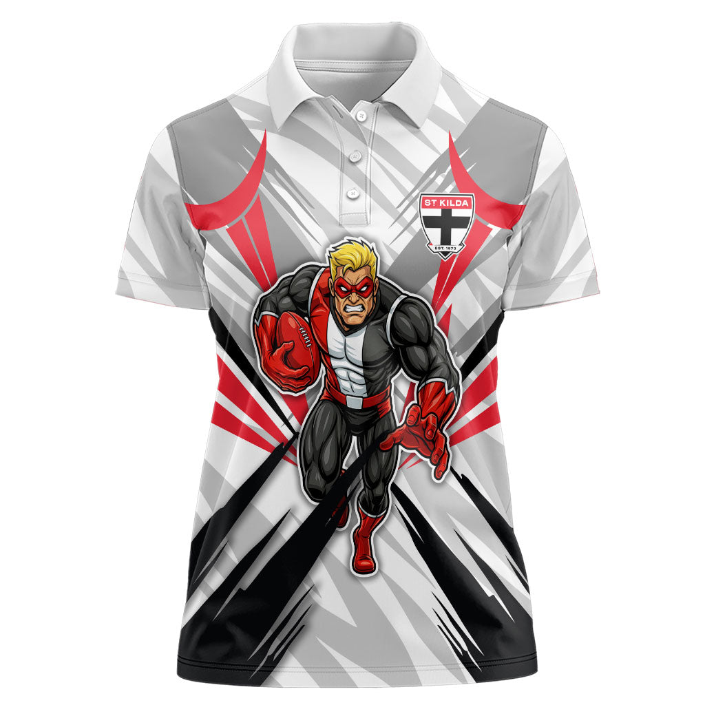 St Kilda Saints Australian Football Women Polo Shirt Superhero Mascot Graphic - Bold Team Colors