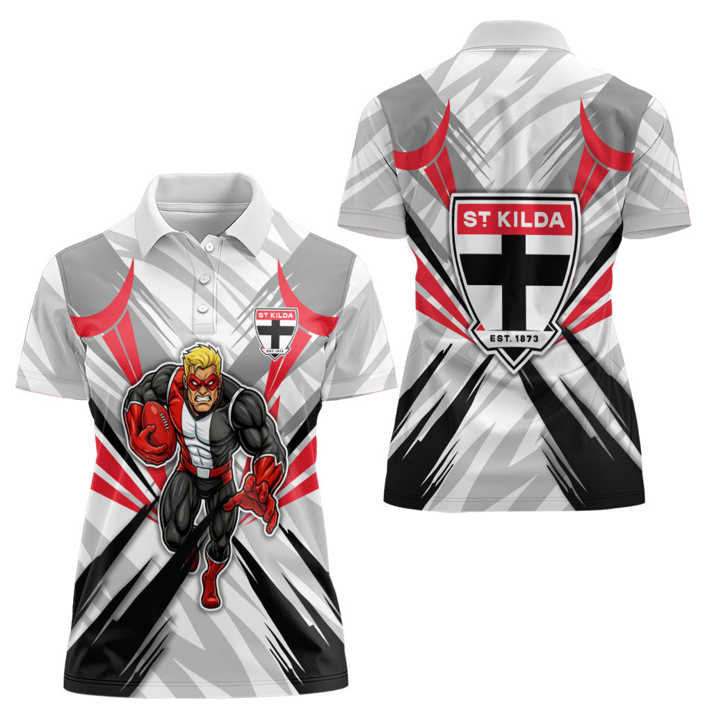 St Kilda Saints Australian Football Women Polo Shirt Superhero Mascot Graphic - Bold Team Colors