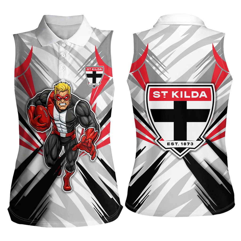 St Kilda Saints Australian Football Women Sleeveless Polo Shirt Superhero Mascot Graphic - Bold Team Colors