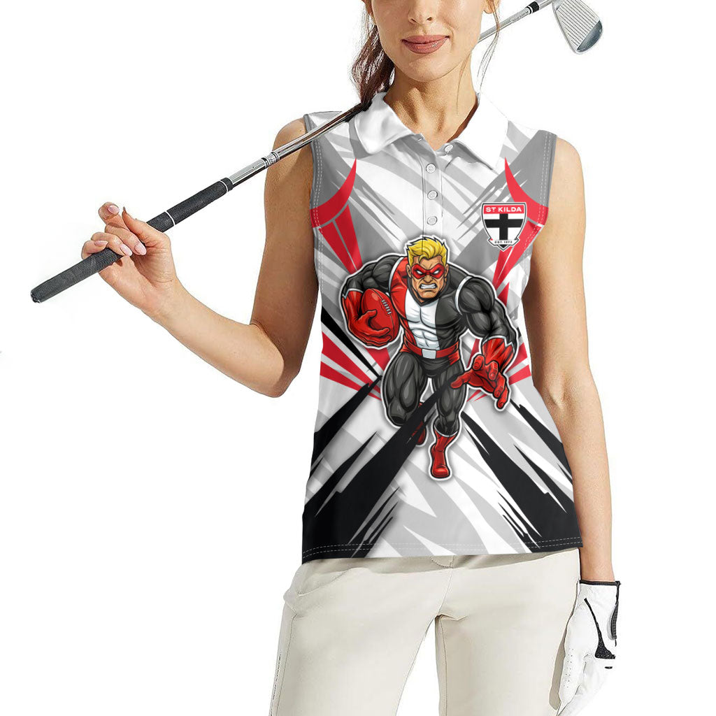 St Kilda Saints Australian Football Women Sleeveless Polo Shirt Superhero Mascot Graphic - Bold Team Colors