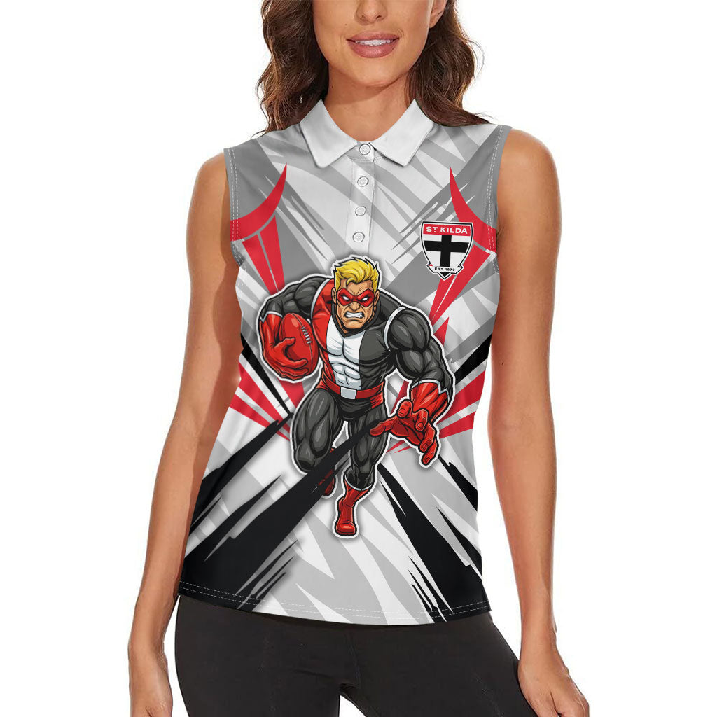 St Kilda Saints Australian Football Women Sleeveless Polo Shirt Superhero Mascot Graphic - Bold Team Colors