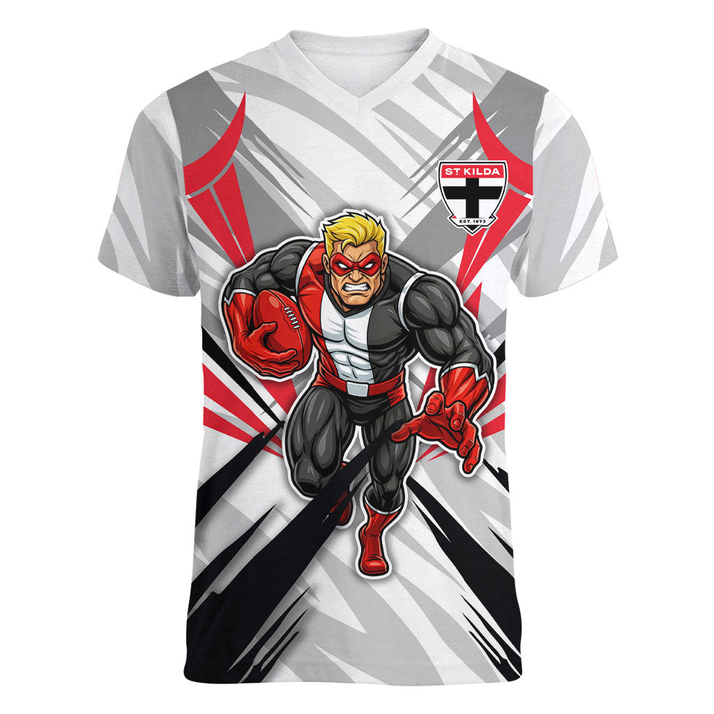 St Kilda Saints Australian Football Women V-Neck T-Shirt Superhero Mascot Graphic - Bold Team Colors